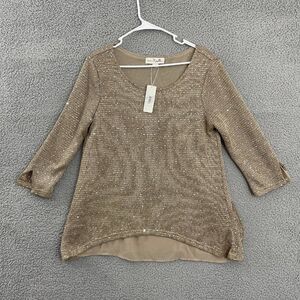 Simply Noelle Women S/M Tan Sequined Casual‎ 3/4 Sleeve Top NWT
